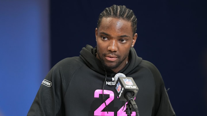 Notre Dame defensive back Benjamin Morrison speaks to the media at the 2025 NFL combine.