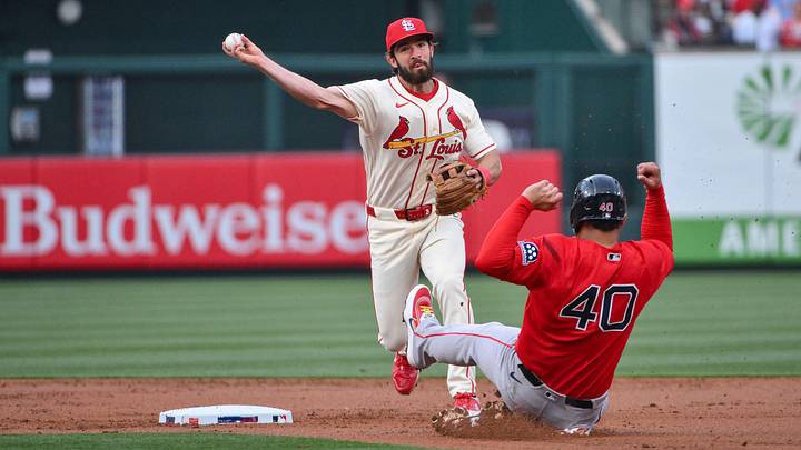 Apr 11, 2026; St. Louis, Missouri, USA; St. Louis Cardinals shortstop Thomas Saggese (25) forces out Boston Red Sox first baseman Willson Contreras (40) and throws to first to complete the double play during the second inning at Busch Stadium. Mandatory Credit: Jeff Curry-Imagn Images Apr 11, 2026; St. Louis, Missouri, USA; St. Louis Cardinals shortstop Thomas Saggese (25) forces out Boston Red Sox first baseman Willson Contreras (40) and throws to first to complete the double play during the second inning at Busch Stadium. Mandatory Credit: Jeff Curry-Imagn Images