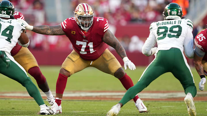 Sep 9, 2024; Santa Clara, California, USA; San Francisco 49ers offensive tackle Trent Williams (71) blocks against New York Jets defensive end Will McDonald IV (99) during the third quarter at Levi's Stadium. Mandatory Credit: Darren Yamashita-Imagn Images Sep 9, 2024; Santa Clara, California, USA; San Francisco 49ers offensive tackle Trent Williams (71) blocks against New York Jets defensive end Will McDonald IV (99) during the third quarter at Levi's Stadium. Mandatory Credit: Darren Yamashita-Imagn Images