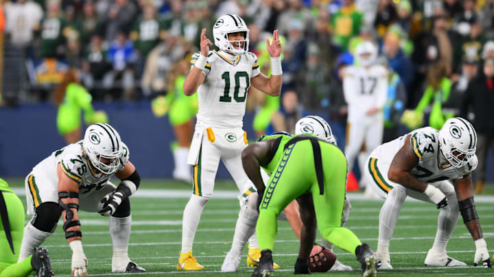 Dec 15, 2024; Seattle, Washington, USA; Green Bay Packers quarterback Jordan Love (10) during the second half against the Seattle Seahawks at Lumen Field. Mandatory Credit: Steven Bisig-Imagn Images Dec 15, 2024; Seattle, Washington, USA; Green Bay Packers quarterback Jordan Love (10) during the second half against the Seattle Seahawks at Lumen Field. Mandatory Credit: Steven Bisig-Imagn Images