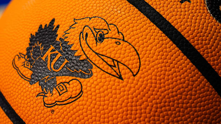 Nov 10, 2022; Lawrence, Kansas, USA; A detailed view of the Kansas Jayhawks logo on a basketball prior to a game against the North Dakota State Bison at Allen Fieldhouse. Mandatory Credit: Jay Biggerstaff-Imagn Images