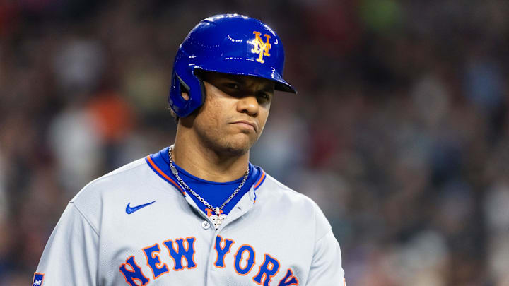 May 5, 2025; Phoenix, Arizona, USA; New York Mets outfielder Juan Soto in the eighth inning against the Arizona Diamondbacks at Chase Field. Mandatory Credit: Mark J. Rebilas-Imagn Images