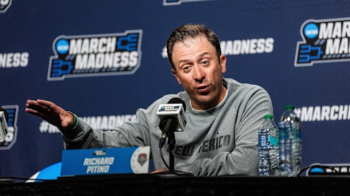 New Mexico head coach Richard Pitino speaks at a press conference as the Lobos prepare for Second Round of NCAA Tournament against Michigan State at Rocket Arena in Cleveland, Ohio on Saturday, March 22, 2025. New Mexico head coach Richard Pitino speaks at a press conference as the Lobos prepare for Second Round of NCAA Tournament against Michigan State at Rocket Arena in Cleveland, Ohio on Saturday, March 22, 2025.
