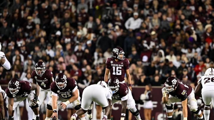 Nov 11, 2023; College Station, Texas, USA; Texas A&M Aggies quarterback Jaylen Henderson (16) looks for the play call during the second half against the Mississippi State Bulldogs at Kyle Field. Mandatory Credit: Maria Lysaker-USA TODAY Sports Nov 11, 2023; College Station, Texas, USA; Texas A&M Aggies quarterback Jaylen Henderson (16) looks for the play call during the second half against the Mississippi State Bulldogs at Kyle Field. Mandatory Credit: Maria Lysaker-USA TODAY Sports