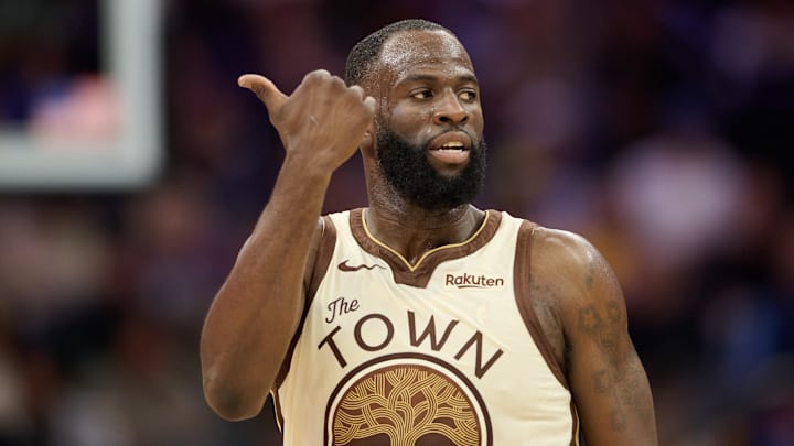 Apr 10, 2026; Sacramento, California, USA; Golden State Warriors forward Draymond Green (23) gestures toward the Sacramento Kings bench during the third quarter at Golden 1 Center. Mandatory Credit: Robert Edwards-Imagn Images