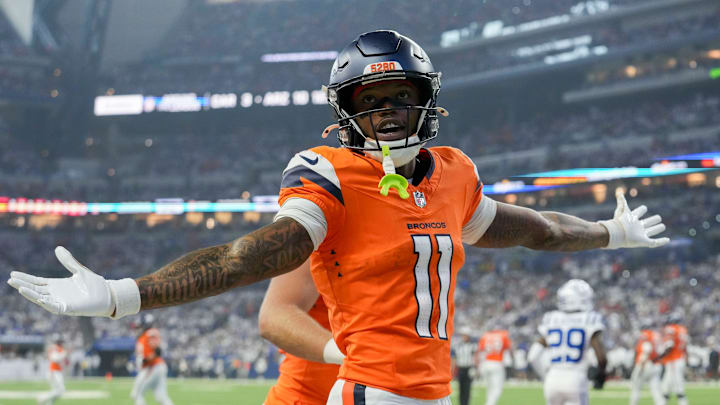 Denver Broncos wide receiver Troy Franklin (11) celebrates a touchdown Sunday, Sept. 14, 2025, during a game against the Indianapolis Colts at Lucas Oil Stadium in Indianapolis.