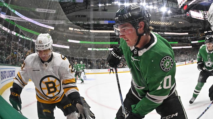 Jan 20, 2026; Dallas, Texas, USA; Boston Bruins center Alex Steeves (21) and Dallas Stars center Oskar Back (10) battle for control of the puck during the third period at the American Airlines Center. Mandatory Credit: Jerome Miron-Imagn Images Jan 20, 2026; Dallas, Texas, USA; Boston Bruins center Alex Steeves (21) and Dallas Stars center Oskar Back (10) battle for control of the puck during the third period at the American Airlines Center. Mandatory Credit: Jerome Miron-Imagn Images