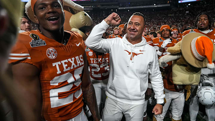 Dec 21, 2024; Austin, Texas, USA; Texas Longhorns head coach Steve Sarkisian celebrates after defeating the Clemson Tigers in the first round of the College Football Playoffs at Darrell K Royal-Texas Memorial Stadium. Mandatory Credit: Aaron E. Martinez/USA Today Network via Imagn Images