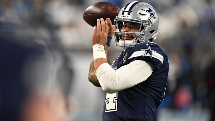 Dallas Cowboys quarterback Dak Prescott warms up before a game against the Detroit Lions at Ford Field. Dallas Cowboys quarterback Dak Prescott warms up before a game against the Detroit Lions at Ford Field.