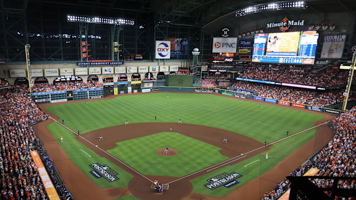 Oct 22, 2023; Houston, Texas, USA; An overall view of Minute Maid Park in the first inning between the Houston Astros and the Texas Rangers during Game 6 of the ALCS for the 2023 MLB playoffs. Oct 22, 2023; Houston, Texas, USA; An overall view of Minute Maid Park in the first inning between the Houston Astros and the Texas Rangers during Game 6 of the ALCS for the 2023 MLB playoffs.