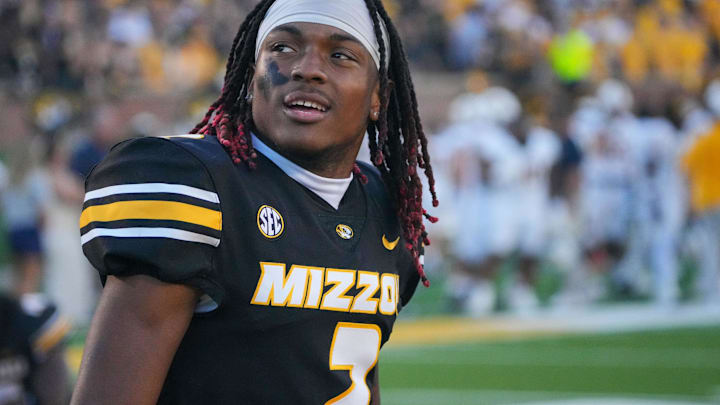 Aug 29, 2024; Columbia, Missouri, USA; Missouri Tigers wide receiver Marquis Johnson (2) runs on field during pre-game ceremonies against the Murray State Racers prior to a game at Faurot Field at Memorial Stadium. Mandatory Credit: Denny Medley-Imagn Images