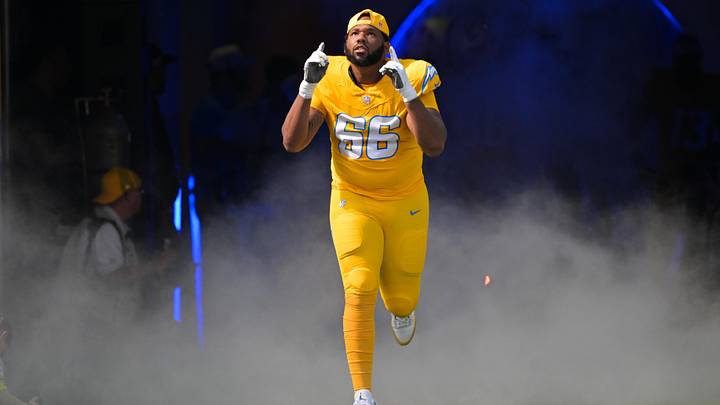 Los Angeles Chargers offensive tackle Bobby Hart (66) enters the field before the game against the Indianapolis Colts at SoFi Stadium.