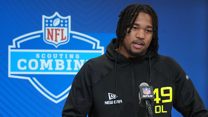 Feb 27, 2025; Indianapolis, IN, USA; Marshall defensive lineman Mike Green (DL49) during the 2025 NFL Scouting Combine at the Indiana Convention Center. Mandatory Credit: Kirby Lee-Imagn Images