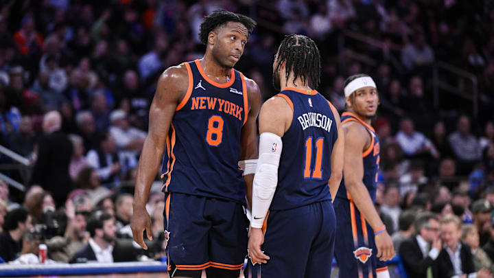 Apr 8, 2025; New York, New York, USA; New York Knicks forward OG Anunoby (8) and guard Jalen Brunson (11) chat during a break in the action in the second half against the Boston Celtics at Madison Square Garden. Mandatory Credit: John Jones-Imagn Images