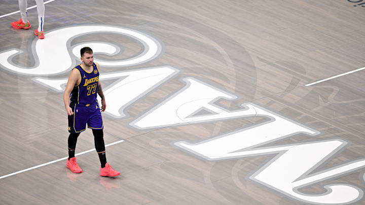Apr 9, 2025; Dallas, Texas, USA; Los Angeles Lakers guard Luka Doncic (77) during the game between the Dallas Mavericks and the Los Angeles Lakers at American Airlines Center. Mandatory Credit: Jerome Miron-Imagn Images Apr 9, 2025; Dallas, Texas, USA; Los Angeles Lakers guard Luka Doncic (77) during the game between the Dallas Mavericks and the Los Angeles Lakers at American Airlines Center. Mandatory Credit: Jerome Miron-Imagn Images