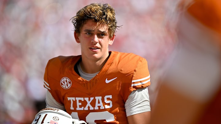 Texas Longhorns quarterback Arch Manning before the game between the Texas Longhorns and the Oklahoma Sooners