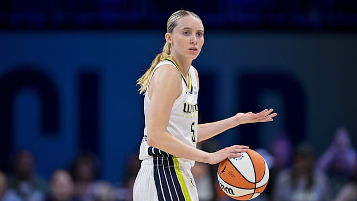 Jul 28, 2025; Arlington, Texas, USA; Dallas Wings guard Paige Bueckers (5) during the game between the Dallas Wings and the New York Liberty at College Park Center. Mandatory Credit: Jerome Miron-Imagn Images