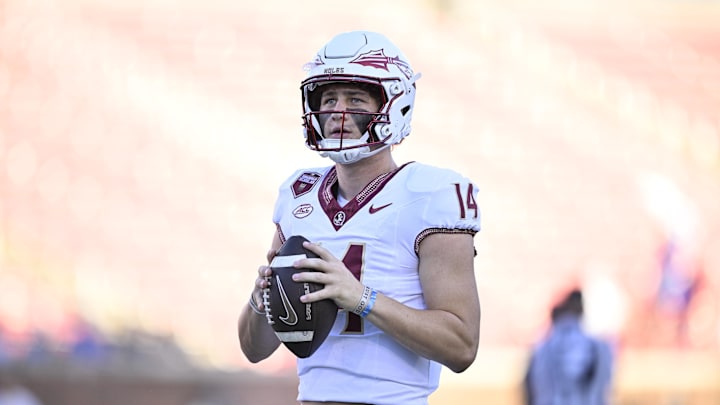 Sep 28, 2024; Dallas, Texas, USA; Florida State Seminoles quarterback Luke Kromenhoek (14) before the game between the Southern Methodist Mustangs and the Florida State Seminoles at Gerald J. Ford Stadium. Mandatory Credit: Jerome Miron-Imagn Images