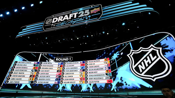 Jun 27, 2025; Los Angeles, California, USA; The draft board is seen following the first round of the 2025 NHL Draft at Peacock Theater. Mandatory Credit: Kirby Lee-Imagn Images
