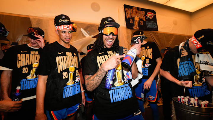 Jun 22, 2025; Oklahoma City, Oklahoma, USA; Oklahoma City Thunder forward Jaylin Williams (6) celebrates after winning Game 7 of the 2025 NBA Finals against the Indiana Pacers at Paycom Center. Mandatory Credit: Kyle Terada-Imagn Images