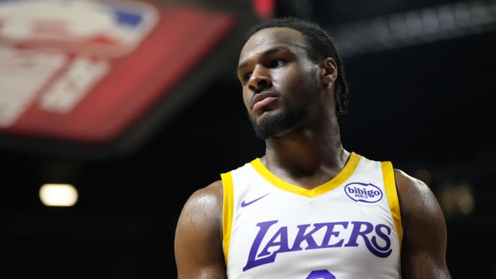 Jul 15, 2024; Las Vegas, NV, USA; Los Angeles Lakers guard Bronny James (9) competes against the Boston Celtics during the second half at Thomas & Mack Center. 