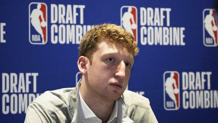 May 14, 2025; Chicago, Il, USA; Danny Wolf talks to the media during the 2025 NBA Draft Combine at Marriott Marquis Chicago. Mandatory Credit: David Banks-Imagn Images
