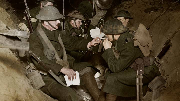 Soldiers resting in a reserve trench at Beaumont-Hamel, France, during World War I. Soldiers resting in a reserve trench at Beaumont-Hamel, France, during World War I.