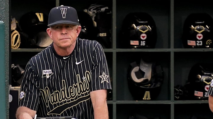 Vanderbilt head coach Tim Corbin watches his team face Arkansas during the fourth inning at Hawkins Field in Nashville, Tenn., Thursday, May 18, 2023.