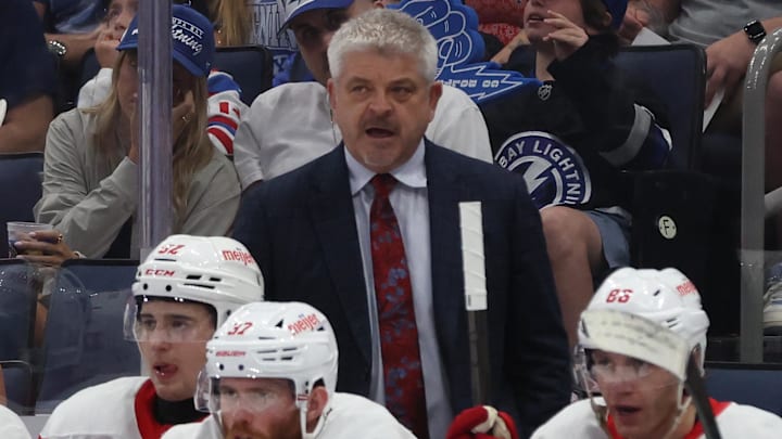 Apr 11, 2025; Tampa, Florida, USA; Detroit Red Wings head coach Todd McLellan looks on against the Tampa Bay Lightning during the second period at Amalie Arena. Mandatory Credit: Kim Klement Neitzel-Imagn Images