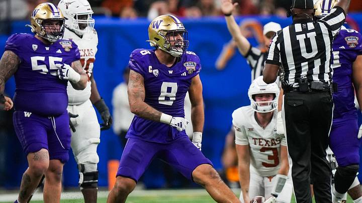 Husky edge rusher Bralen Trice celebrates a big play in the 2024 Sugar Bowl against Texas. Husky edge rusher Bralen Trice celebrates a big play in the 2024 Sugar Bowl against Texas.