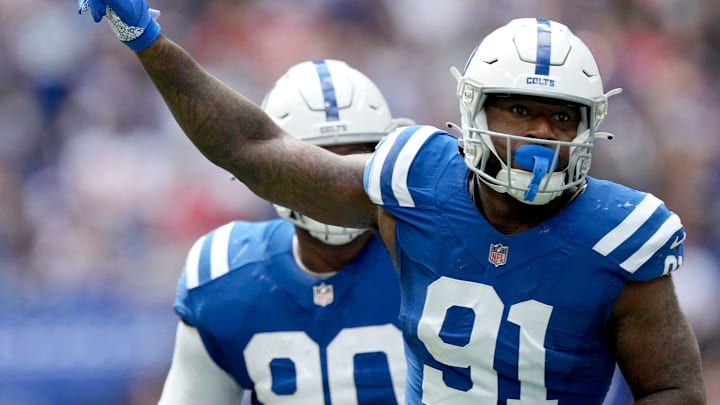 Indianapolis Colts defensive end Yannick Ngakoue (91) celebrates after sacking Kansas City Chiefs