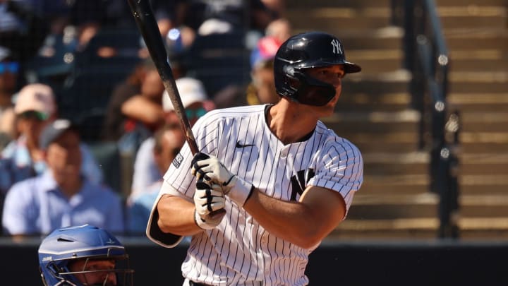 Feb 25, 2024; Tampa, Florida, USA; New York Yankees	outfielder Spencer Jones (78) singles during the fourth inning against the Toronto Blue Jays at George M. Steinbrenner Field. Mandatory Credit: Kim Klement Neitzel-USA TODAY Sports