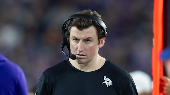Jan 13, 2025; Glendale, AZ, USA; Minnesota Vikings assistant quarterbacks coach Grant Udinski against the Los Angeles Rams during an NFC wild card game at State Farm Stadium. Mandatory Credit: Mark J. Rebilas-Imagn Images