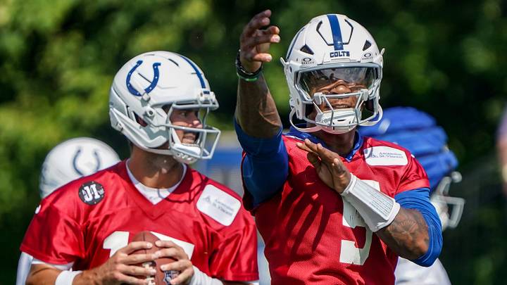Indianapolis Colts players Daniel Jones (17) and Anthony Richardson Sr. (5) throw passes during the Colts training camp at Grand Park on Saturday, July 26, 2025, in Westfield, Ind. Indianapolis Colts players Daniel Jones (17) and Anthony Richardson Sr. (5) throw passes during the Colts training camp at Grand Park on Saturday, July 26, 2025, in Westfield, Ind.