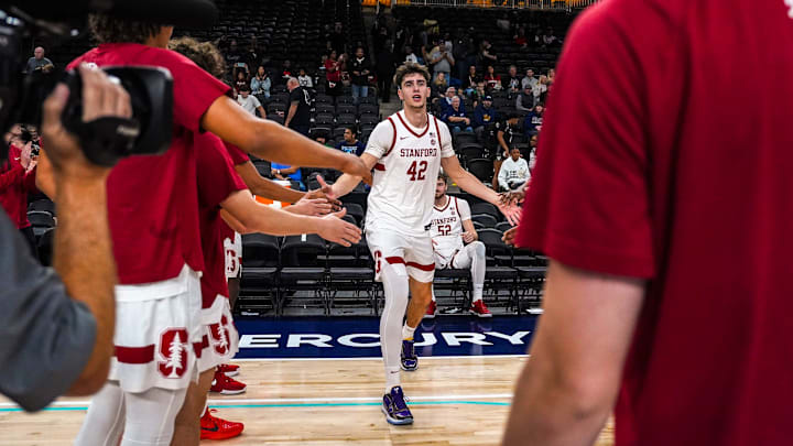 Stanford forward Maxime Raynaud (42) is announced with the starting lineup before their game in the Acrisure Series in Palm Desert, Calif., Tuesday, Nov. 26, 2024. Stanford forward Maxime Raynaud (42) is announced with the starting lineup before their game in the Acrisure Series in Palm Desert, Calif., Tuesday, Nov. 26, 2024.