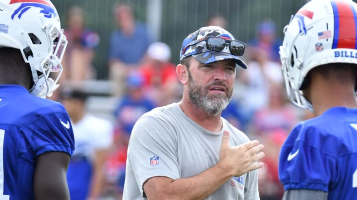 Jul 27, 2022; Pittsford, NY, USA; Buffalo Bills defensive backs coach John Butler gives instruction during training camp at St. John Fisher University.