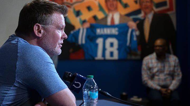 Indianapolis Colts General Manager Chris Ballard speaks to the press in a pre-draft press conference Monday, April 21, 2025 at the Colts headquarters, the Indiana Farm Bureau Football Center.