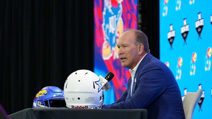 Jul 9, 2025; Frisco, TX, USA; Kansas head coach Lance Leipold speaks with the media during 2025 Big 12 Football Media Days at The Star. Mandatory Credit: Raymond Carlin III-Imagn Images Jul 9, 2025; Frisco, TX, USA; Kansas head coach Lance Leipold speaks with the media during 2025 Big 12 Football Media Days at The Star. Mandatory Credit: Raymond Carlin III-Imagn Images