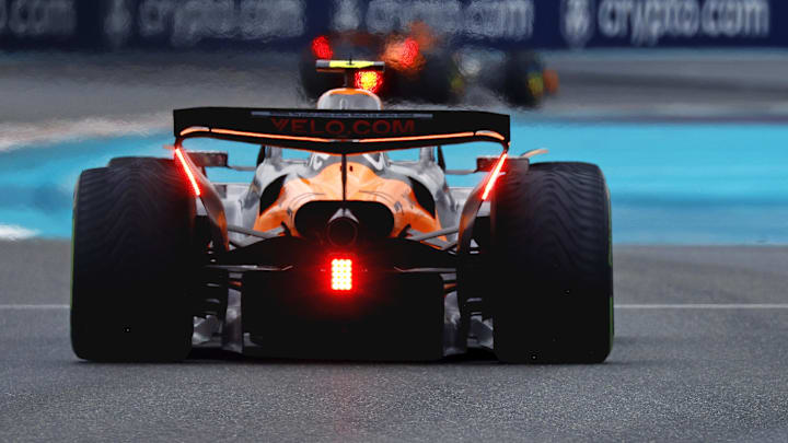 May 3, 2025; Miami Gardens, FL, USA; McLaren driver Lando Norris (4) during the F1 Miami Grand Prix Sprint Race at Miami International Autodrome. Mandatory Credit: Peter Casey-Imagn Images