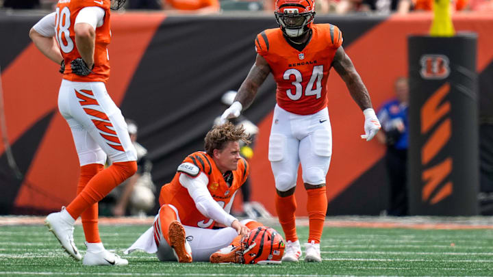 Cincinnati Bengals quarterback Joe Burrow (9) is injured on a play in the second quarter of the NFL Week 2 game between the Cincinnati Bengals and the Jacksonville Jaguars at Paycor Stadium in downtown Cincinnati on Sunday, Sept. 14, 2025. The Jaguars led 17-10 at halftime.