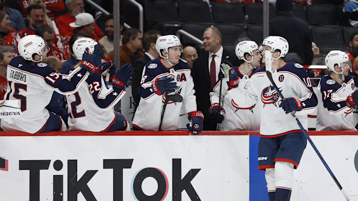 Apr 13, 2025; Washington, District of Columbia, USA; Columbus Blue Jackets left wing Dmitri Voronkov (10) celebrates with teammates after scoring a goal against the Washington Capitals in the third period at Capital One Arena. Mandatory Credit: Geoff Burke-Imagn Images Apr 13, 2025; Washington, District of Columbia, USA; Columbus Blue Jackets left wing Dmitri Voronkov (10) celebrates with teammates after scoring a goal against the Washington Capitals in the third period at Capital One Arena. Mandatory Credit: Geoff Burke-Imagn Images