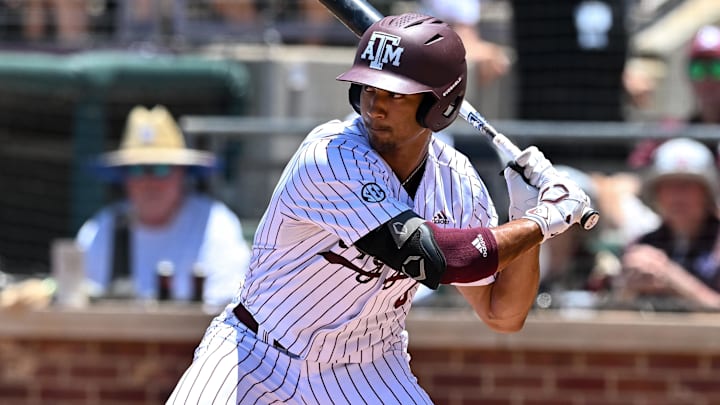 Texas A&M outfielder Braden Montgomery (6) at bat during the first inning against the Oregon at Olsen Field in College Station, Texas, on June 8, 2024.