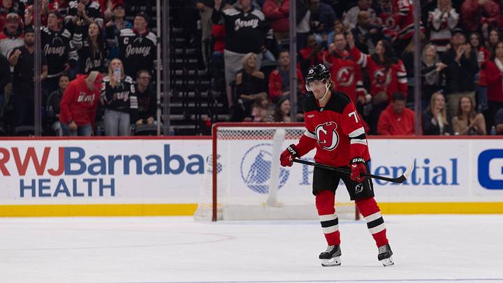 New Jersey Devils winger Jesper Boqvist (70) celebrates his goal against the Vancouver Canucks during the first period at Prudential Center: Thomas Salus-Imagn Images