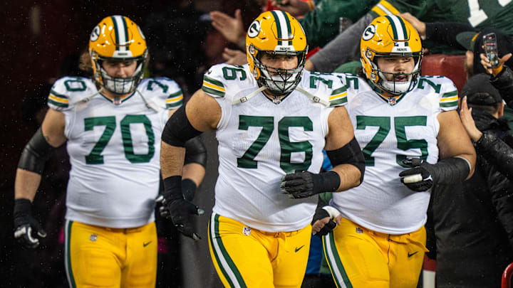 January 20, 2024; Santa Clara, CA, USA; Green Bay Packers guard Royce Newman (70), guard Jon Runyan (76), and guard Sean Rhyan (75) before a 2024 NFC divisional round game against the San Francisco 49ers at Levi's Stadium. Mandatory Credit: Kyle Terada-Imagn Images