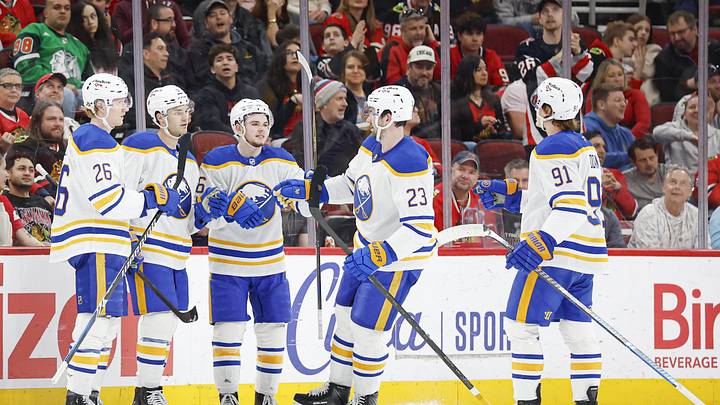 Buffalo Sabres players Rasmus Dahlin, Josh Norris, Zach Benson, Mattias Samuelsson and Josh Doan