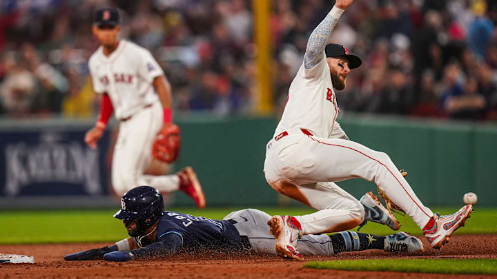Boston, Massachusetts, USA; Tampa Bay Rays shortstop José Caballero (77) steals second base against Boston Red Sox shortstop Trevor Story (10) in the fifth inning at Fenway Park.