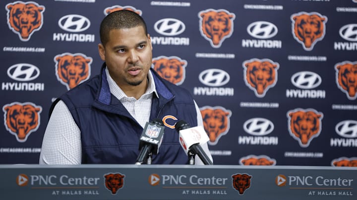 Mar 16, 2023; Lake Forest, IL, USA; Chicago Bears general manager Ryan Poles speaks during a press conference at Halas Hall. Mandatory Credit: Kamil Krzaczynski-Imagn Images