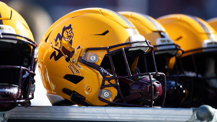 Nov 30, 2024; Tucson, Arizona, USA; Detailed view of an Arizona State Sun Devils helmet during the Territorial Cup at Arizona Stadium. Mandatory Credit: Mark J. Rebilas-Imagn Images