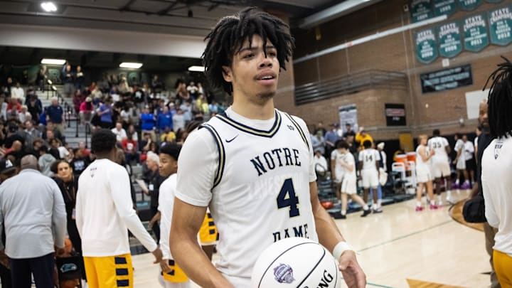 Jan 4, 2025; Gilbert, AZ, USA; Notre Dame High School (CA) forward Tyran Stokes (4) against Sandra Day O'Connor (AZ) during the Hoophall West High School Invitational at Highland High School. Mandatory Credit: Mark J. Rebilas-Imagn Images