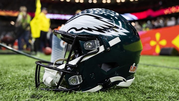 Feb 9, 2025; New Orleans, LA, USA; Detailed view of a Philadelphia Eagles helmet during Super Bowl LIX at Ceasars Superdome. Mandatory Credit: Mark J. Rebilas-Imagn Images